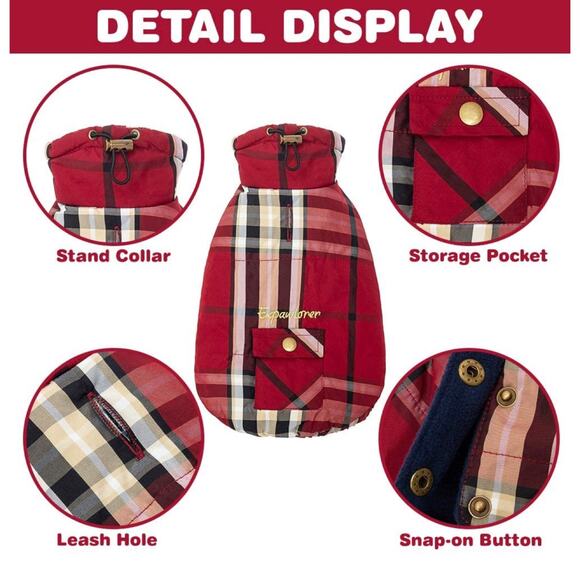 NEW Dog Jacket S Plaid Pocket Coat Windproof Clothes Buttons Fleece Windproof - Picture 3 of 4